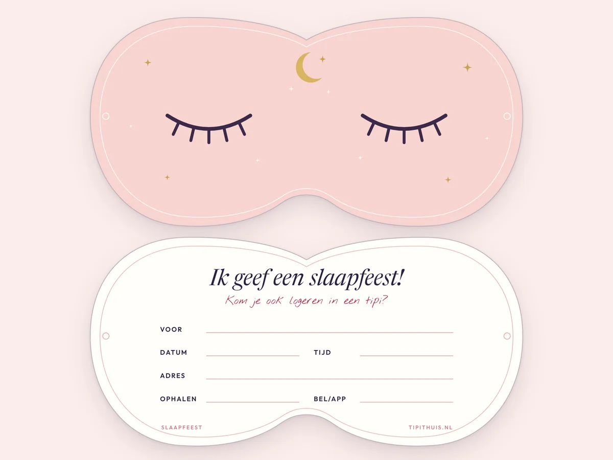 Slaapmasker-uitnodiging in het algemene TipiThuis-ontwerp: voorkant met gesloten oogjes en achterkant met invulvelden