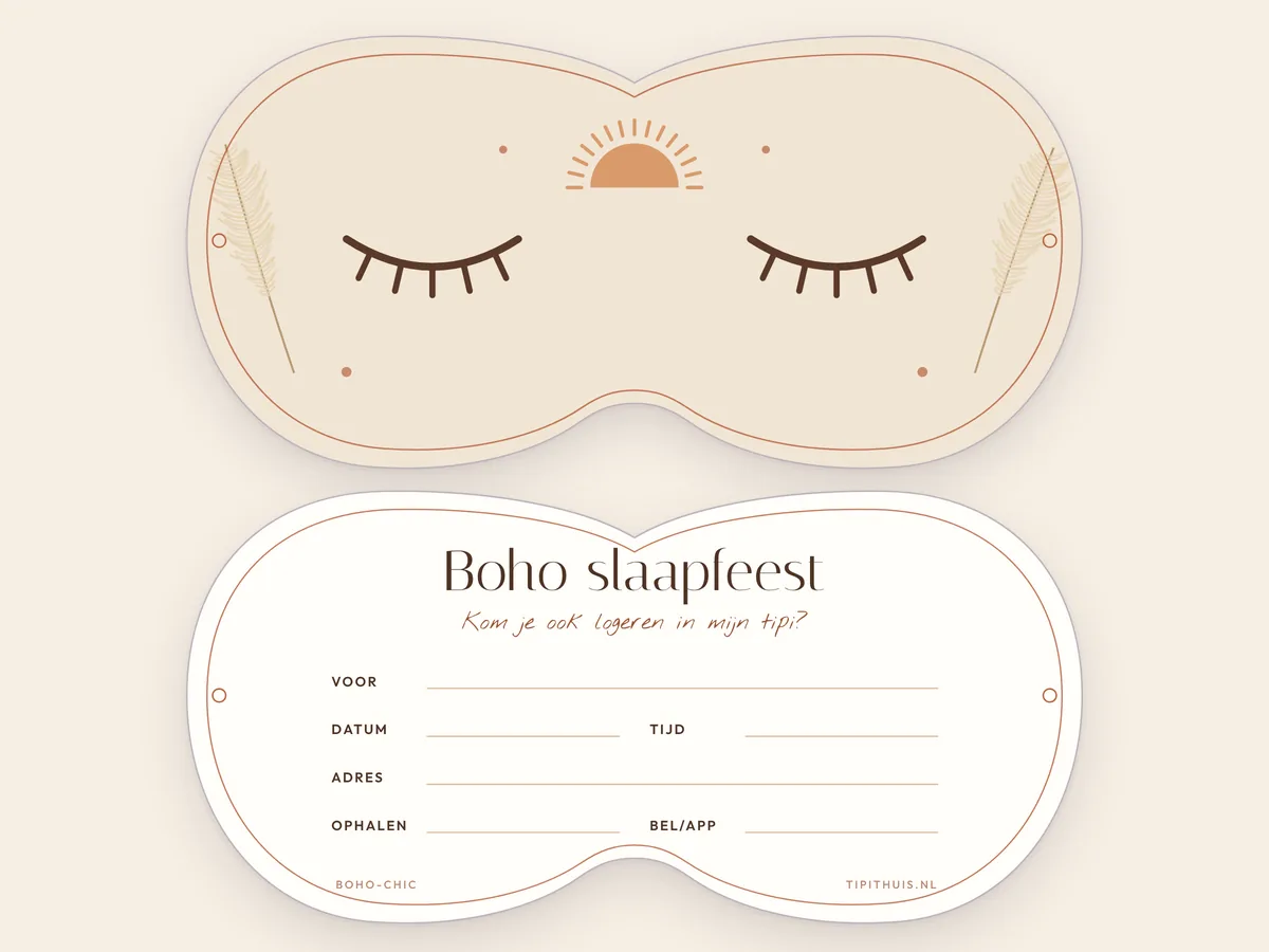 Slaapmasker-uitnodiging Boho-chic: voorkant met gesloten oogjes en achterkant met invulvelden