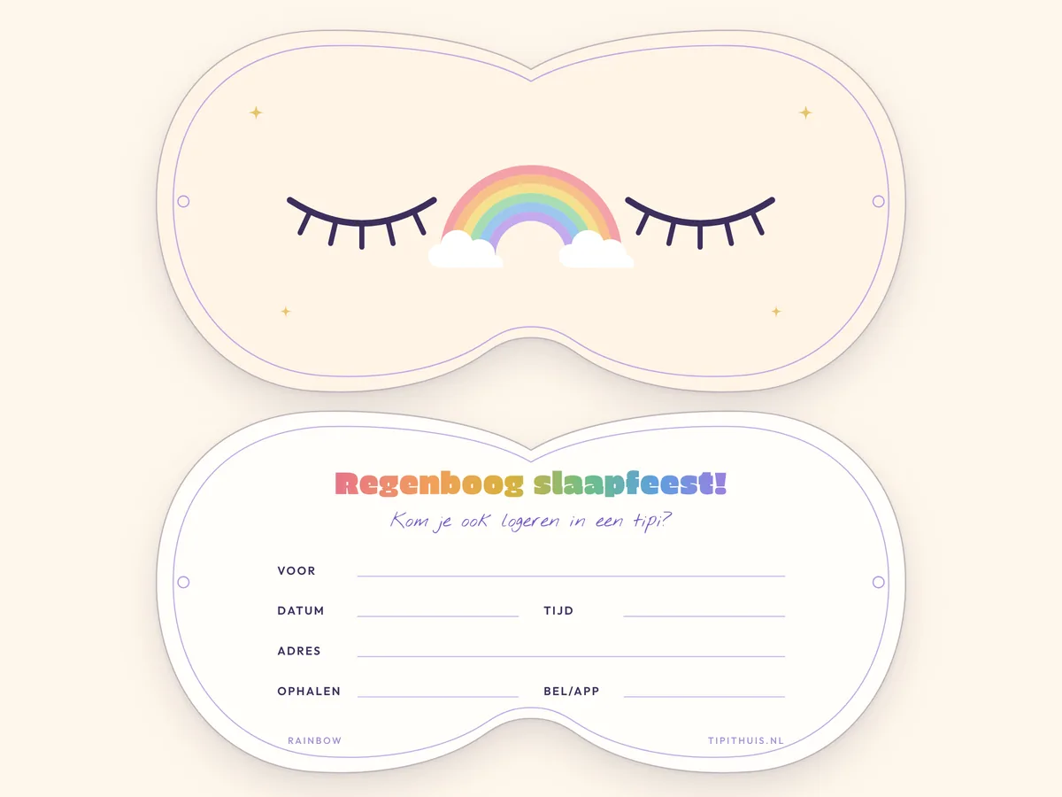 Slaapmasker-uitnodiging Rainbow: voorkant met gesloten oogjes en achterkant met invulvelden